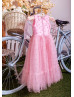 Blush Pink Pearl Beaded Satin Tulle Flower Girl Dress